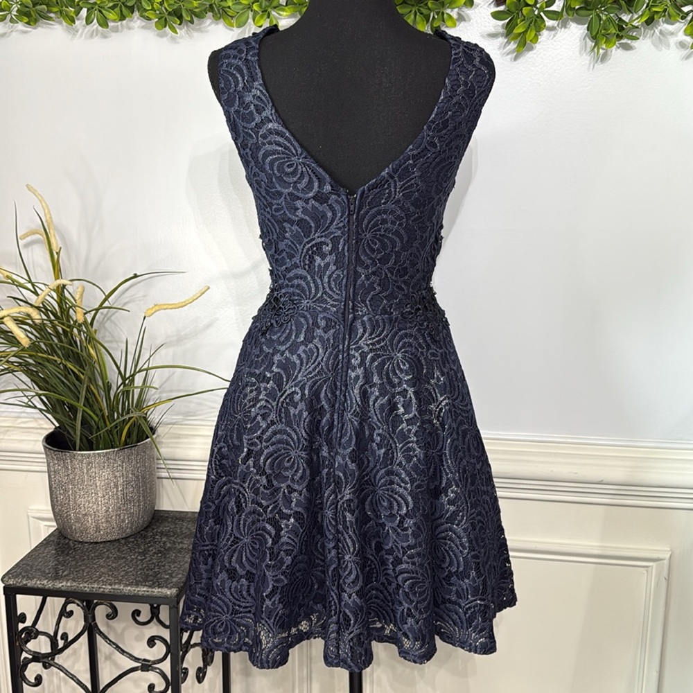 ❤️ City StudioNavy Blue Lace Rhinestone Crochet Cutout Sleeveless Dress 5 - Picture 5 of 8